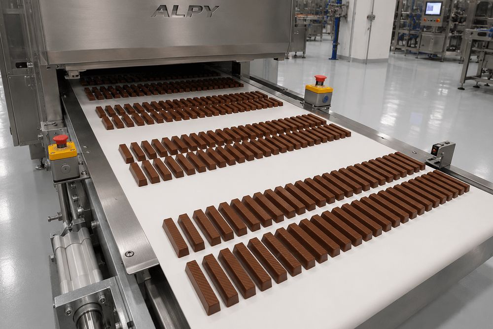 Alpy chocolate bar moulding line on the production conveyor