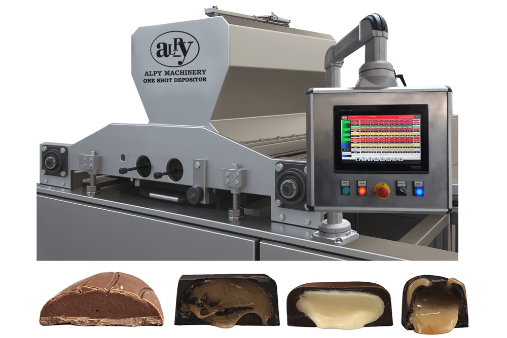 Alpy one-shot depositor filling chocolates with liquid centres